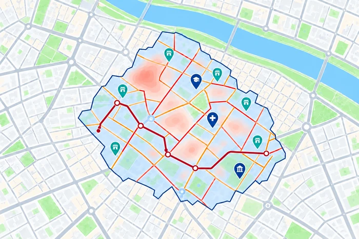 Illustrative municipal analysis map showing population, economic activity, mobility segments in red and orange, and public facilities
