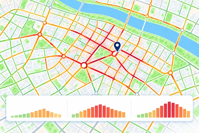 Mapa e gráfico ilustrativos do trânsito de manhã, ao meio-dia e à tarde