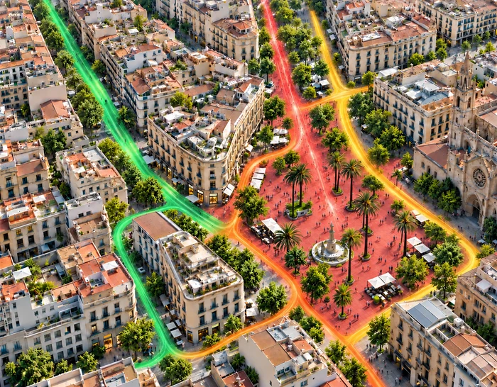 Vista aérea ilustrativa com ruas coloridas do verde ao vermelho segundo a intensidade do tráfego pedonal