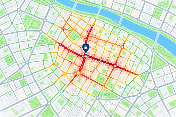 Mapa ilustrativo com as ruas de maior afluência a vermelho e laranja