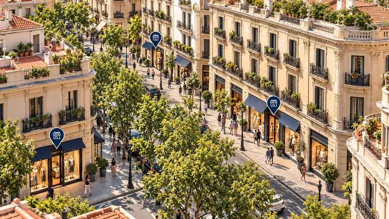 Vista de uma rua comercial com três lojas assinaladas nas entradas