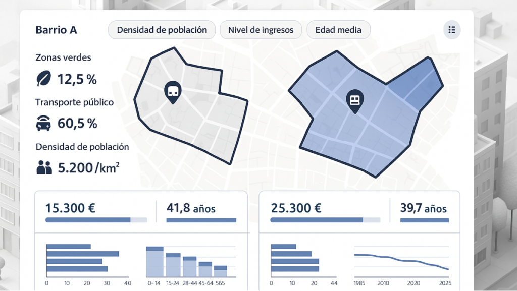 Captura de pantalla de Pickgeo mostrando una comparación entre dos barrios con indicadores urbanos clave.