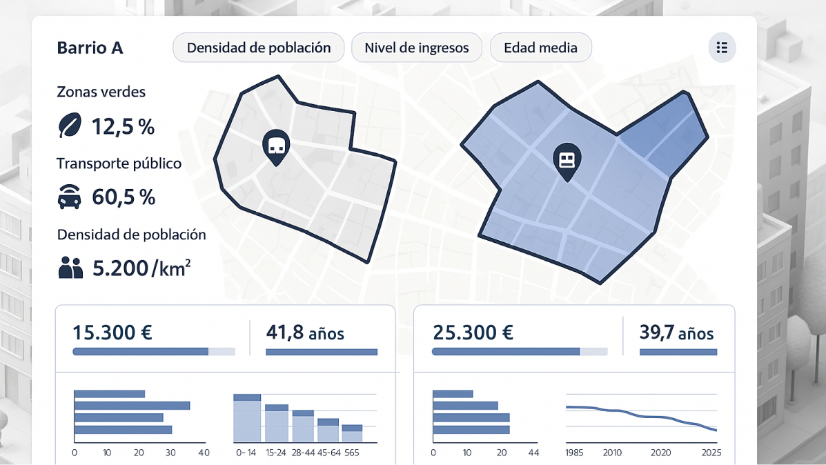 Captura de pantalla de Pickgeo mostrando una comparación entre dos barrios con indicadores urbanos clave.