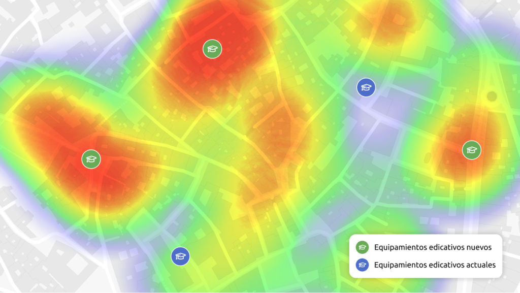 Mapa de calor sobre una zona urbana resaltando áreas con necesidad de equipamientos educativos.