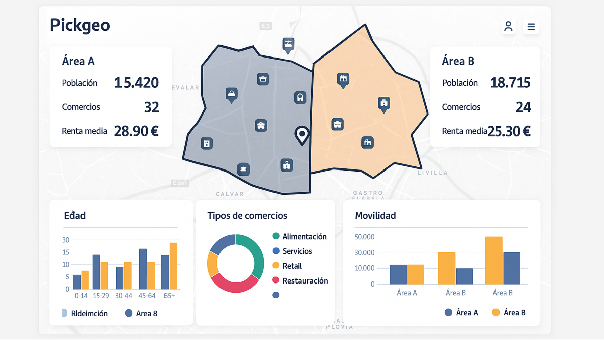 Captura de pantalla de Pickgeo mostrando una comparativa entre dos áreas urbanas.