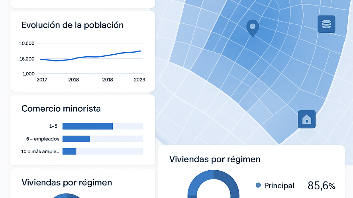 Captura de pantalla de Pickgeo mostrando un informe con gráficos e indicadores clave de un área urbana.