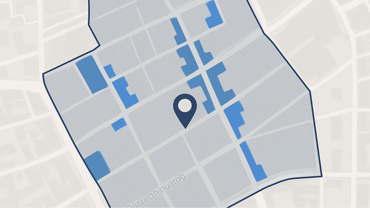 Captura de pantalla de un mapa urbano donde se destacan zonas con alta densidad de locales vacíos.
