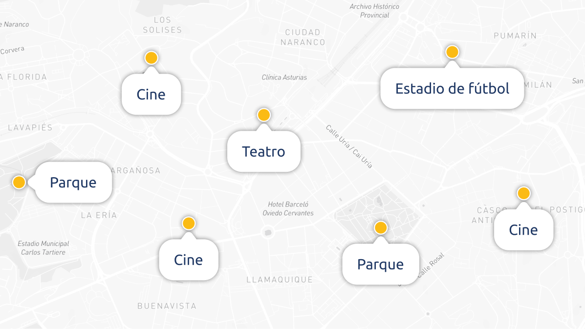 Captura de pantalla de una herramienta con un mapa interactivo mostrando comparativas de zonas por flujo peatonal y puntos de interés.
