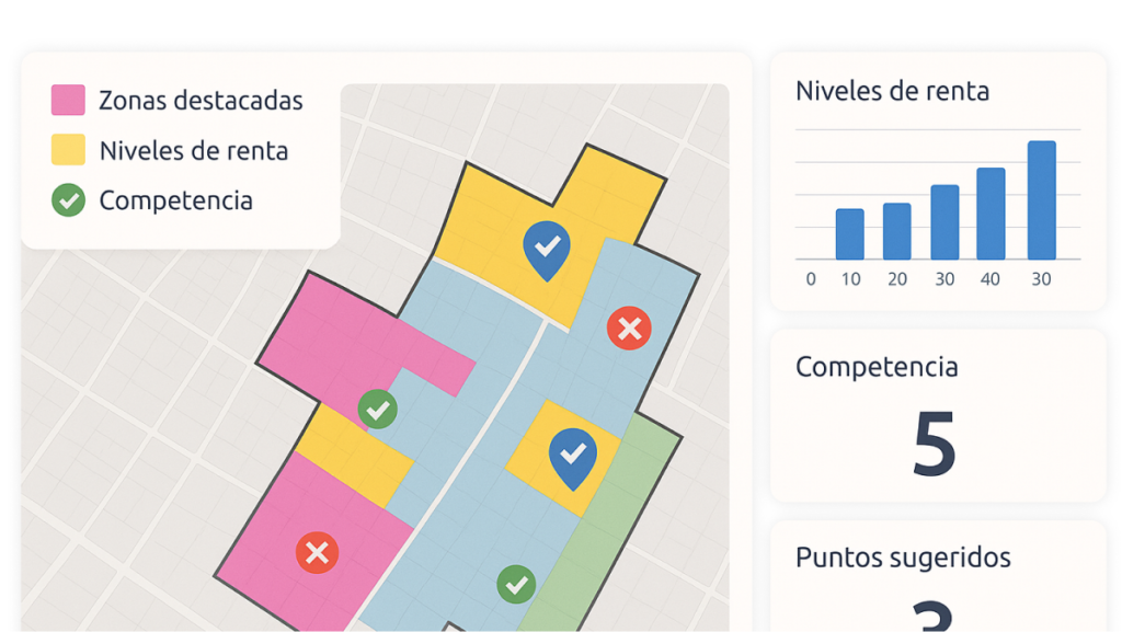 Dashboard con mapa interactivo mostrando zonas destacadas, niveles de renta, competencia y puntos sugeridos.