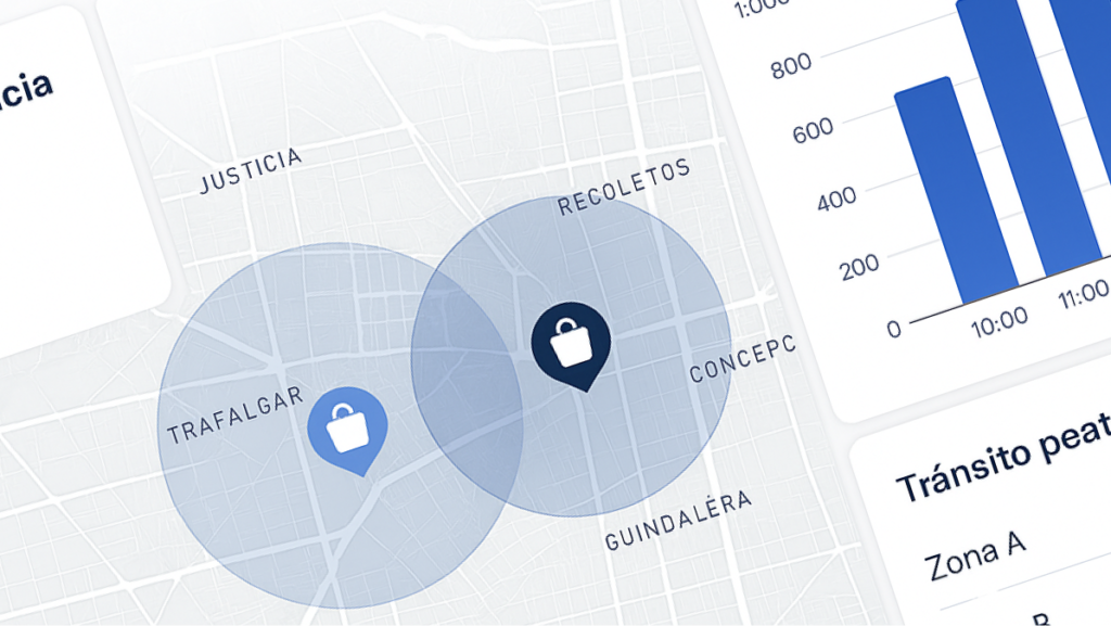 Dashboard de Pickgeo mostrando áreas de influencia y volumen de tráfico peatonal en dos zonas comerciales