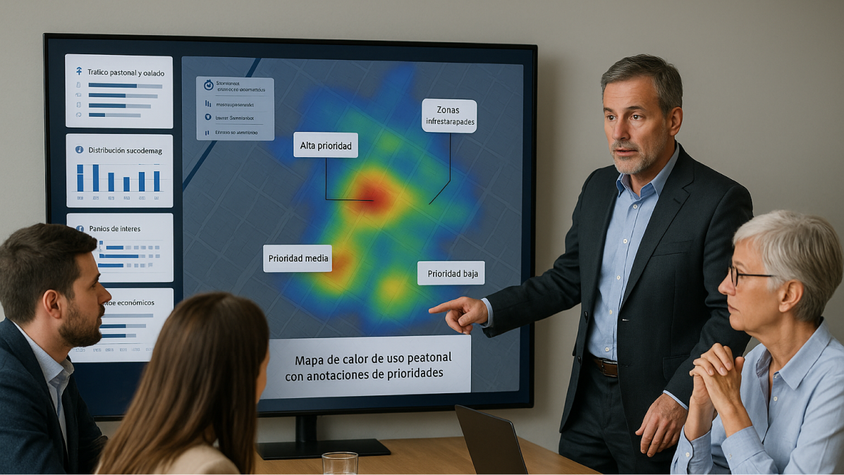 Fotografía de reunión municipal analizando datos en una pantalla compartida.
