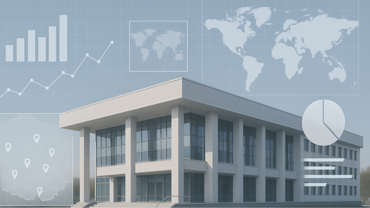 fotografía de un edificio gubernamental moderno con una interfaz digital superpuesta (gráficos, mapas, datos).