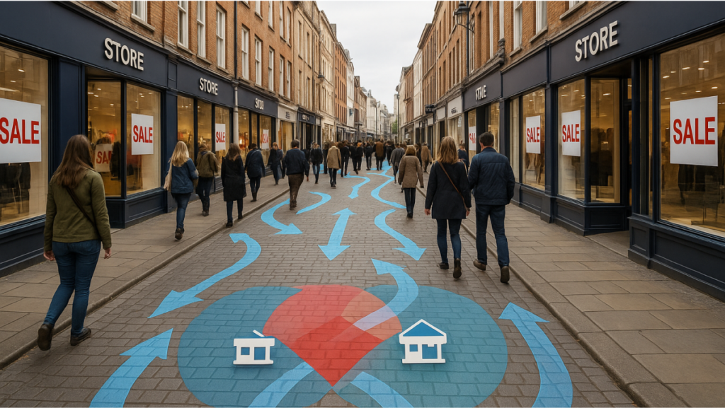 Fotografía de una calle comercial con múltiples tiendas similares y flujos de peatones marcados digitalmente