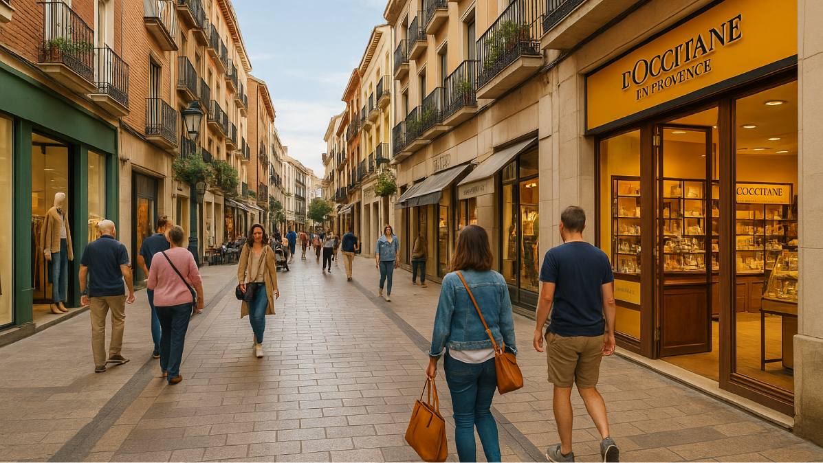 Fotografía de una calle comercial revitalizada, con tiendas abiertas y afluencia peatonal.