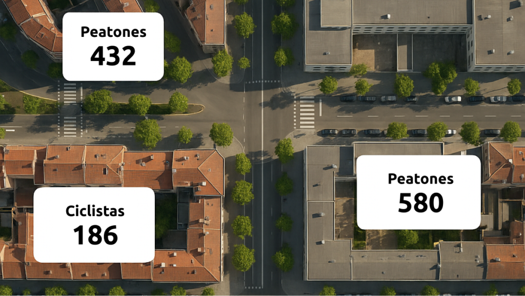 Imagen aérea de una zona urbana con etiquetas de datos de movilidad peatonal y ciclista.