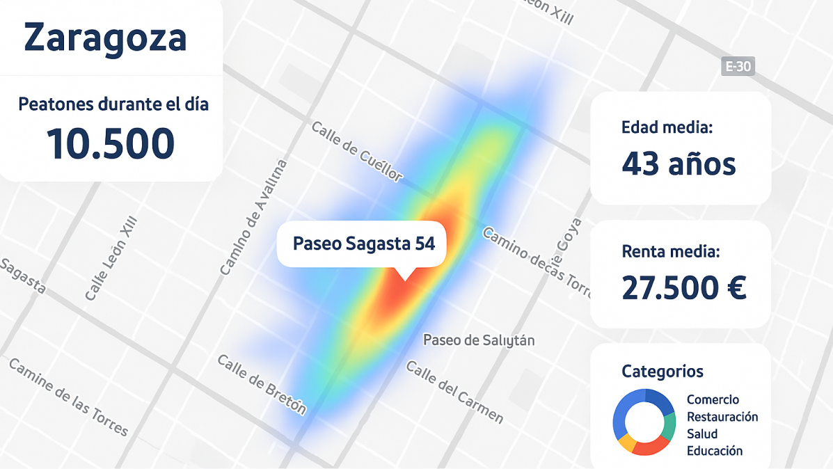 Imagen aérea de una zona urbana con etiquetas de datos sociodemográficos superpuestas