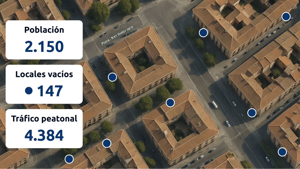 Imagen aérea de una zona urbana con etiquetas de datos sociodemográficos y puntos de locales vacíos.