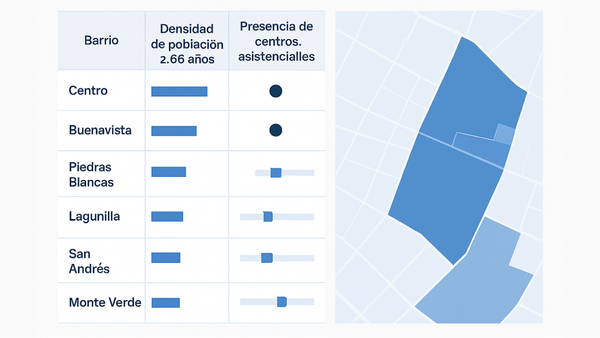 Infografía con resultados del informe: comparativa de cobertura social por barrio.