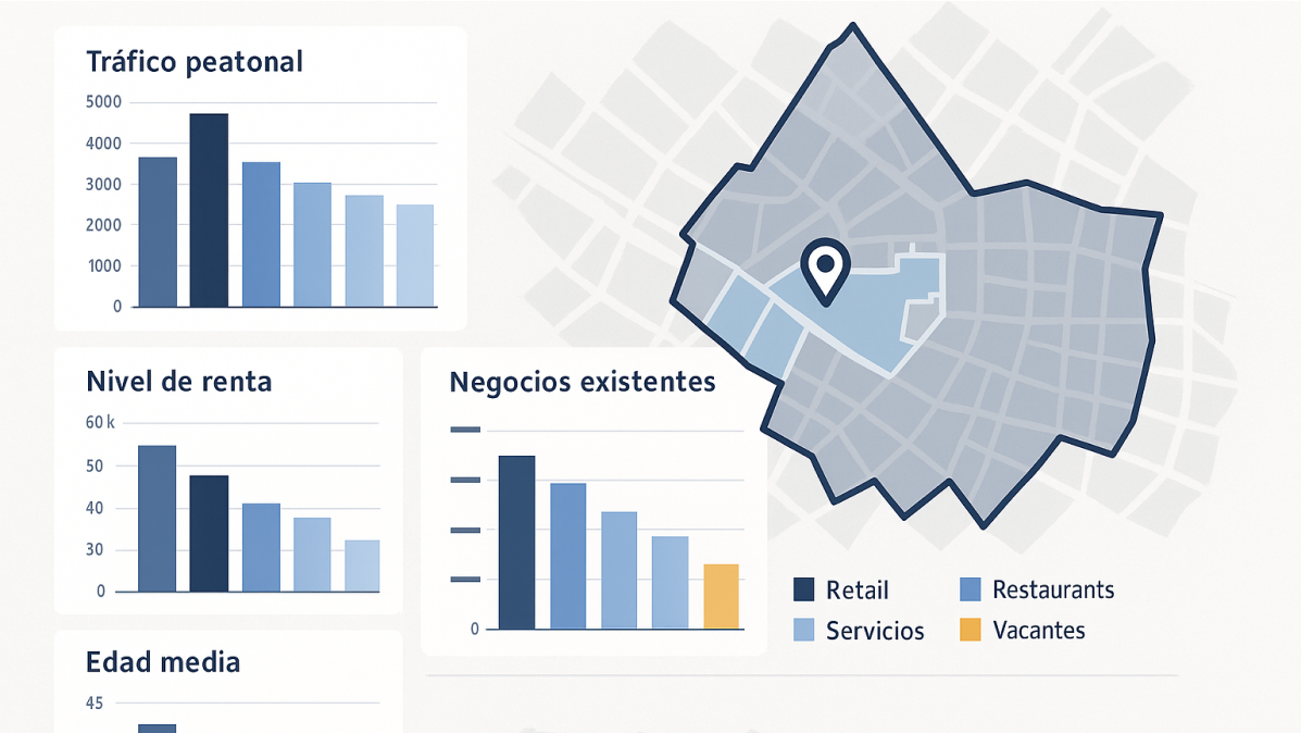 Infografía que combina gráficos de barras y mapas para representar el potencial comercial de una zona