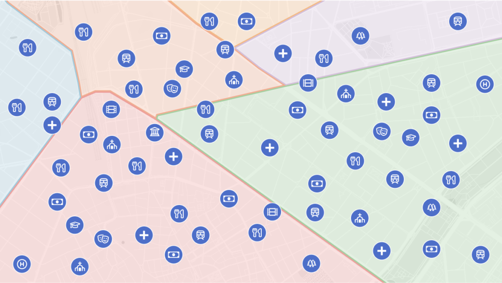 Mapa con capas superpuestas de calles, distritos y puntos de interés señalados automáticamente.