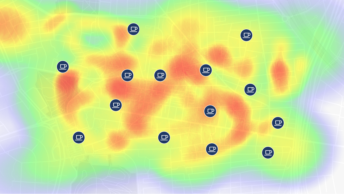 Mapa con heatmap de concentración de cafeterías y flujo peatonal