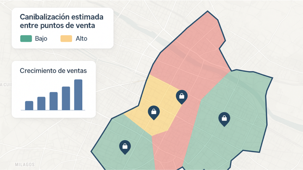 Mapa con zonas coloreadas según niveles de canibalización estimada entre puntos de venta