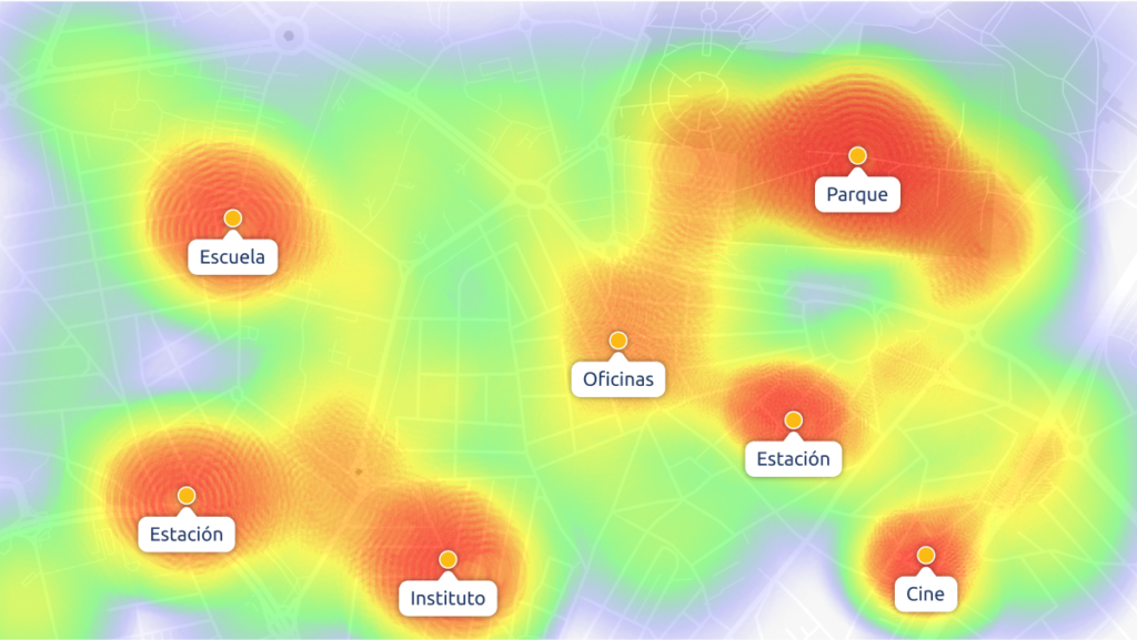 Mapa de calor de tránsito peatonal sobre una ciudad con etiquetas de “atractores de tráfico” (escuelas, estaciones, etc.).