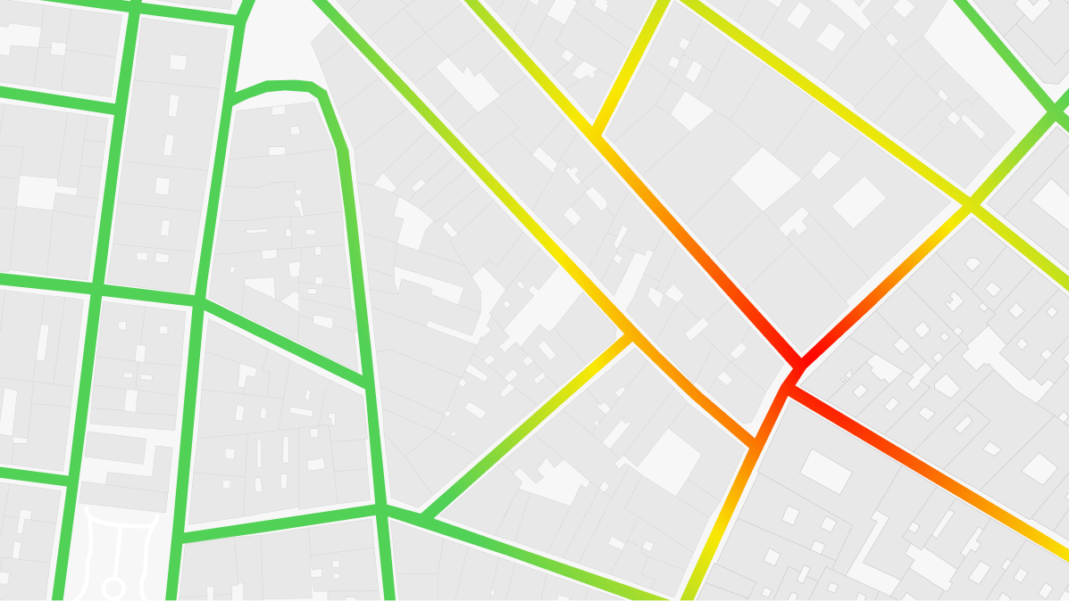 Mapa de calor de una calle comercial con zonas más y menos transitadas según el flujo peatonal.