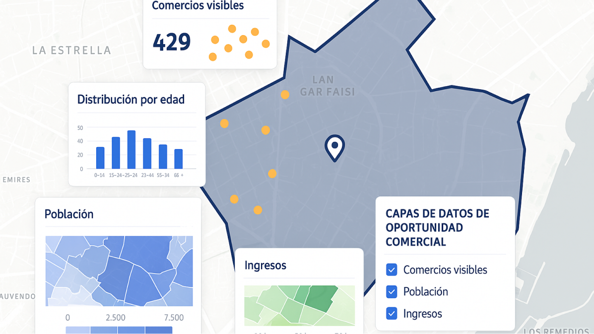 Mapa interactivo con capas de datos comerciales sobre una ciudad (visibilidad de comercios, población, ingresos)