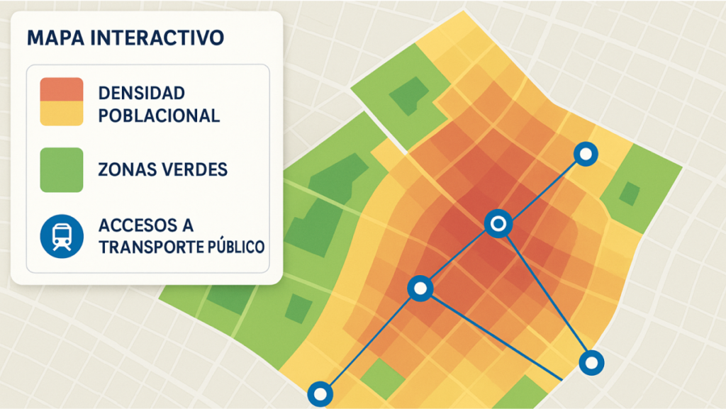 Mapa interactivo con capas de densidad poblacional, zonas verdes y accesos a transporte público.