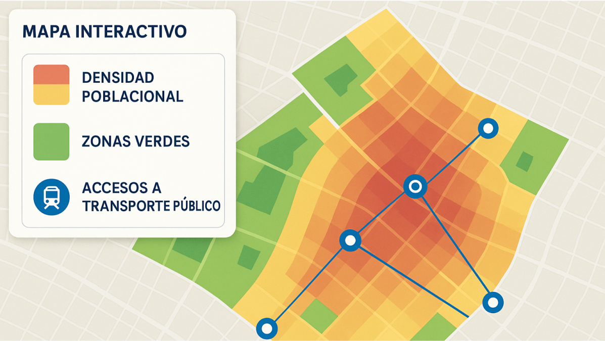 Mapa interactivo con capas de densidad poblacional, zonas verdes y accesos a transporte público.