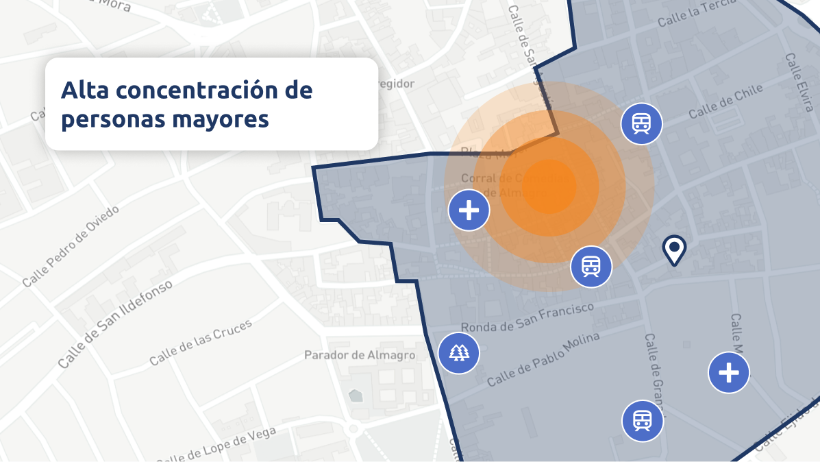 Mapa interactivo mostrando áreas con alta concentración de personas mayores y equipamientos cercanos.