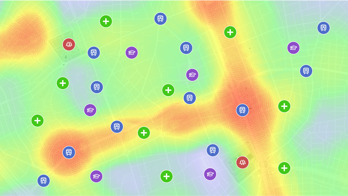 Mapa interactivo municipal con capas de servicios públicos, tráfico y zonas verdes.