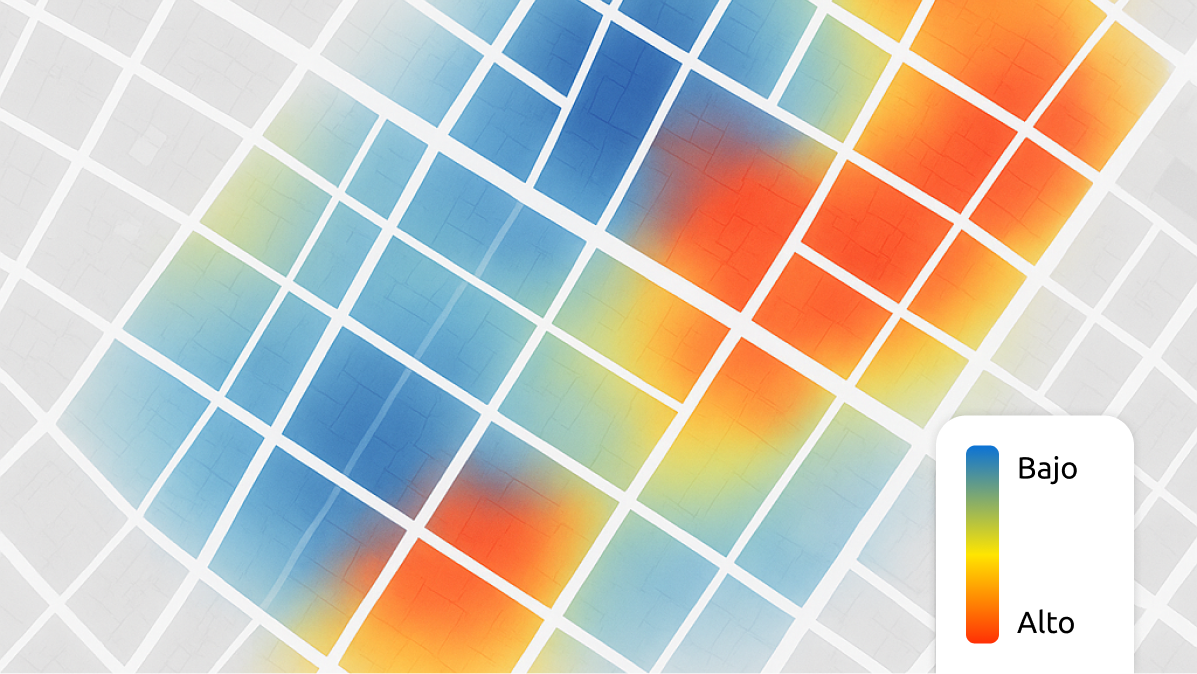 Mapa temático de una ciudad mostrando zonas calientes según índice de oportunidad comercial.