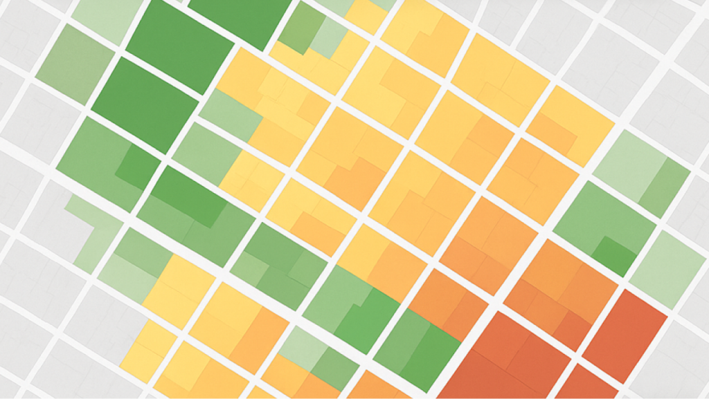 Mapa temático con colores que muestren cobertura de centros de salud por barrios en una ciudad.