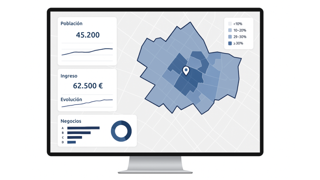 Pantalla con un dashboard de análisis geoespacial visualizado por sectores o zonas