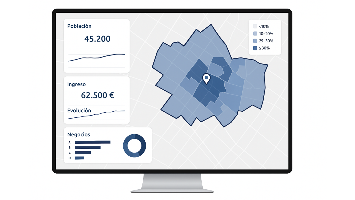 Pantalla con un dashboard de análisis geoespacial visualizado por sectores o zonas