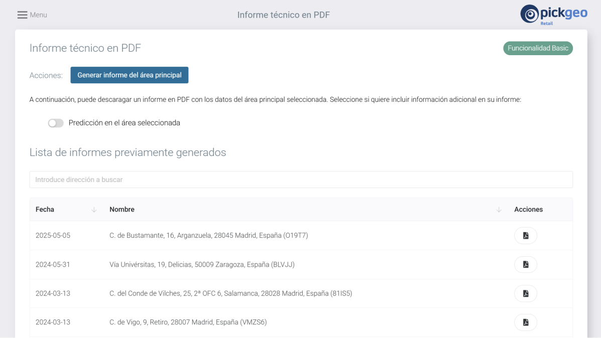 Pantalla del dashboard de Pickgeo mostrando filtros de generación de informe y vista previa.