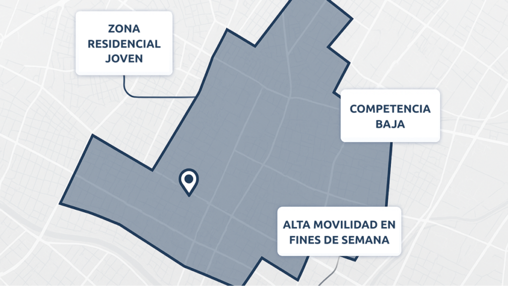 Vista aérea con etiquetas como "zona residencial joven", "competencia baja", "alta movilidad en fines de semana"
