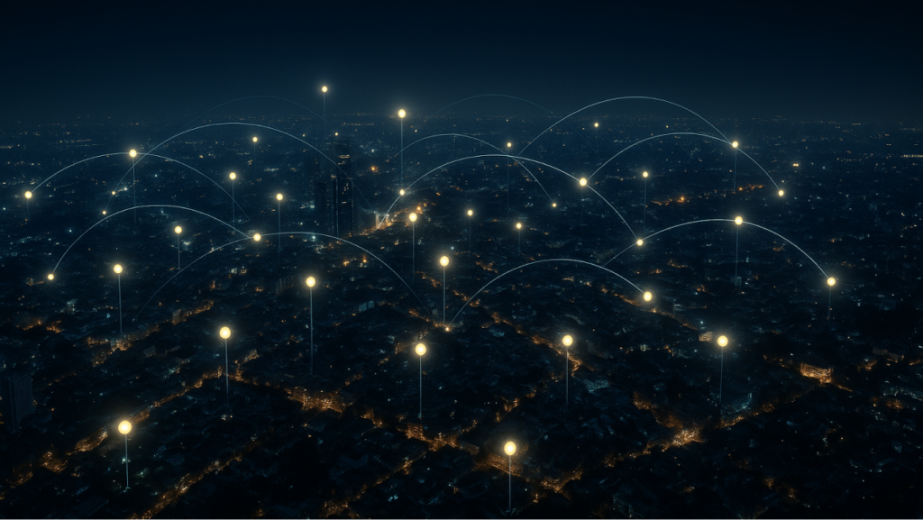 Imagen sugerida aquí: Vista nocturna de una ciudad con puntos de datos brillando sobre los distintos barrios, simbolizando inteligencia geoespacial en acción.