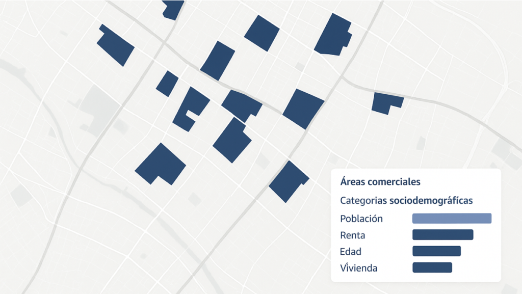 Visualización de áreas comerciales seleccionadas en una ciudad con leyendas de categorías sociodemográficas