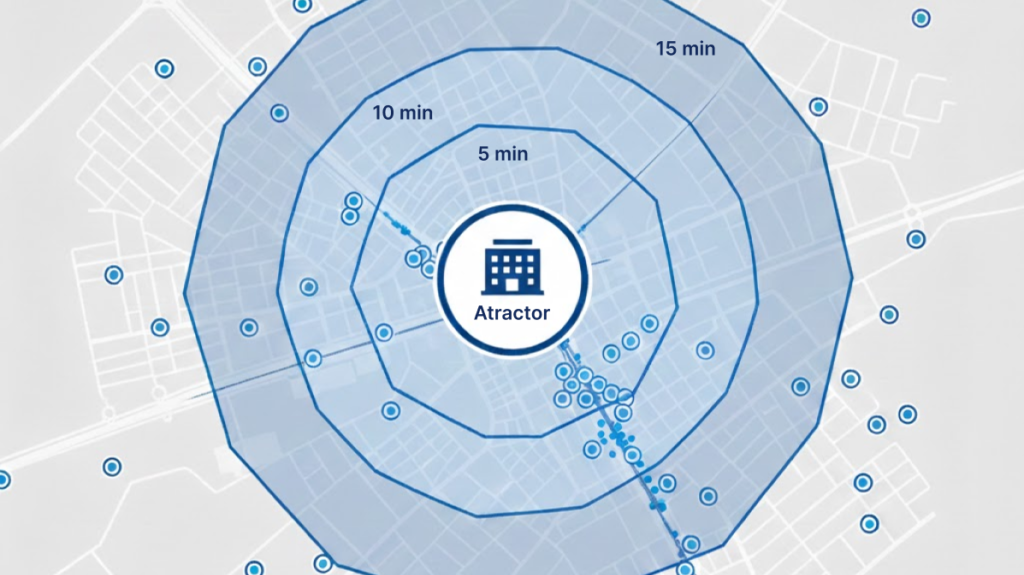 Atractor con isócronas 5/10/15 min y comercios alrededor