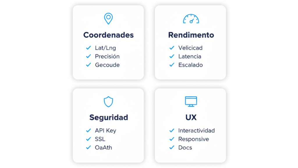 Checklist técnico de integración: coordenadas, rendimiento, seguridad y UX