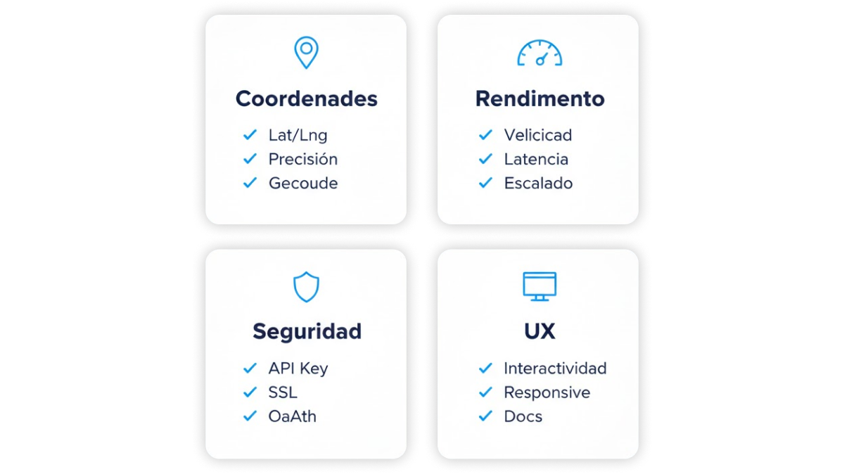 Checklist técnico de integración: coordenadas, rendimiento, seguridad y UX