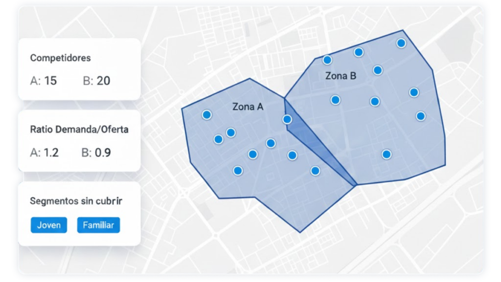 Comparativa de dos zonas con isócronas y competencia por tipología