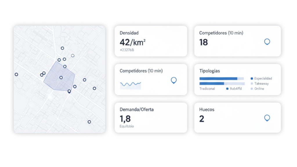 Dashboard con métricas de densidad, tipologías y ratio demanda/oferta