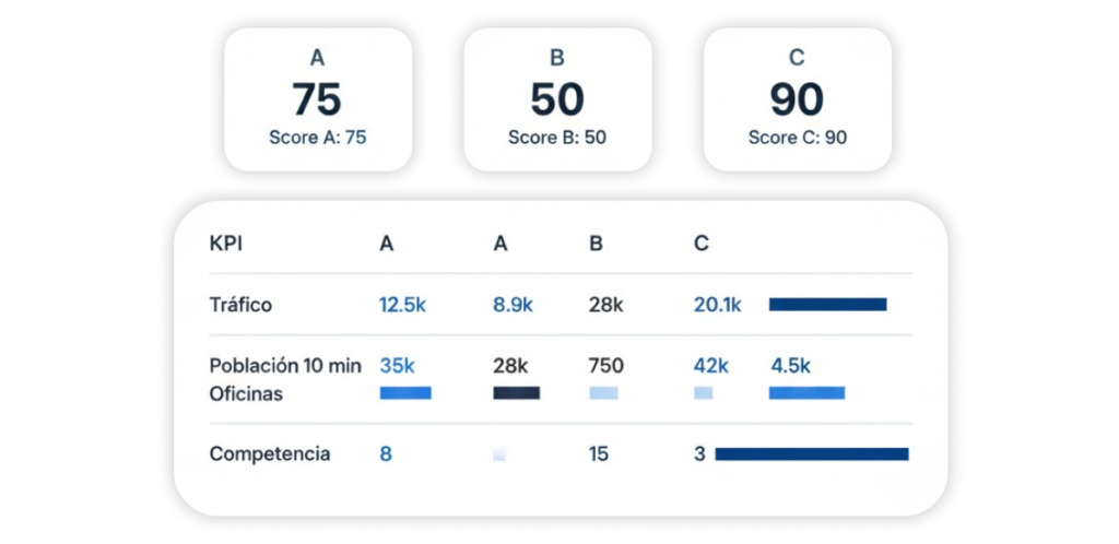 Dashboard con KPIs comparando tráfico, sociodemo y competencia en A B C