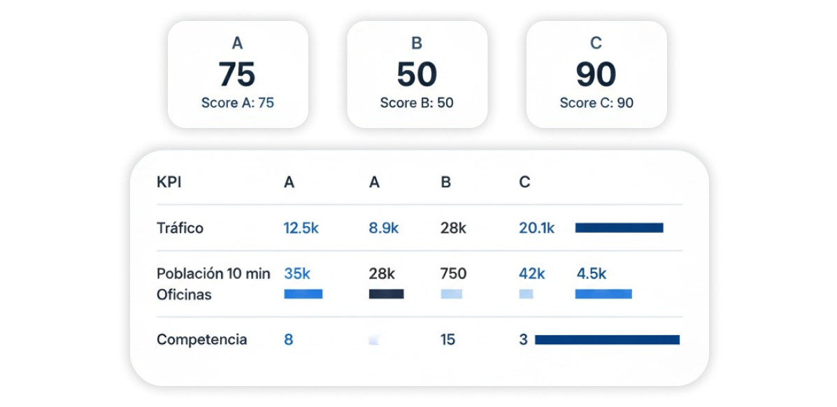 Dashboard con KPIs comparando tráfico, sociodemo y competencia en A B C