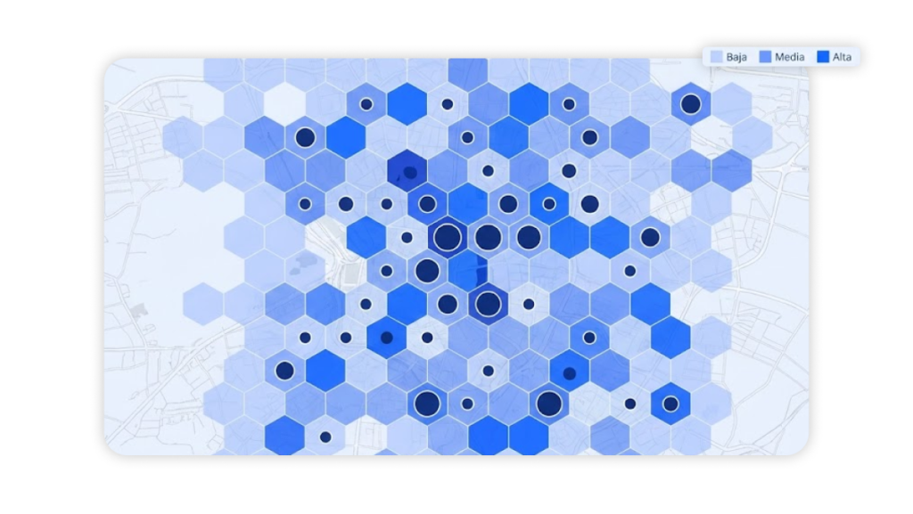 Mapa de saturación comercial por zona con densidad de competidores