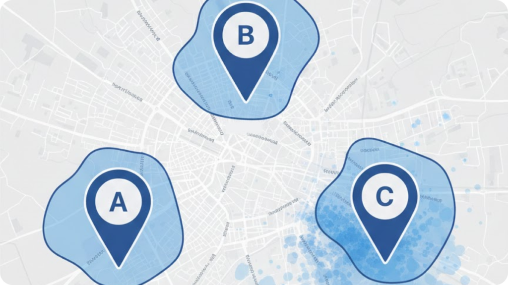 Mapa con ubicaciones A B C, isócronas y capa de tráfico peatonal